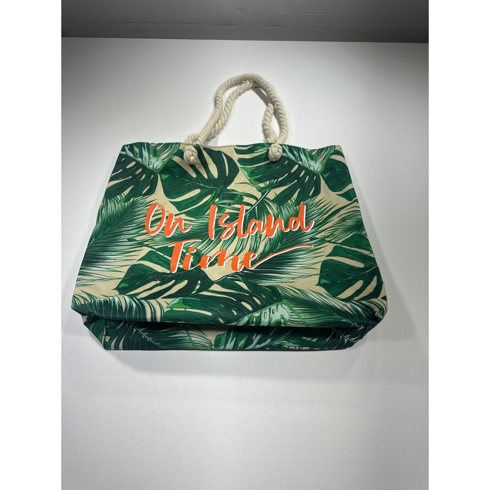 Tropical Monstera Leaf Canvas Beach Tote Bag Green Orange On Island Time Rope